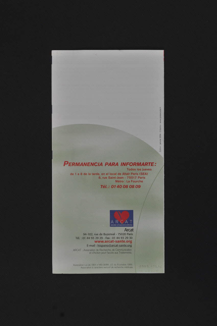 Association pour la Recherche, la Communication et les Actions pour l'Accès aux Traitements (ARCAT) Dépliant "El preservativo feminino. Ahora puedes elegir !" (Le préservatif féminin. Maintenant tu peux choisir) France 2004/1 2005.253.46 Photo Mucem