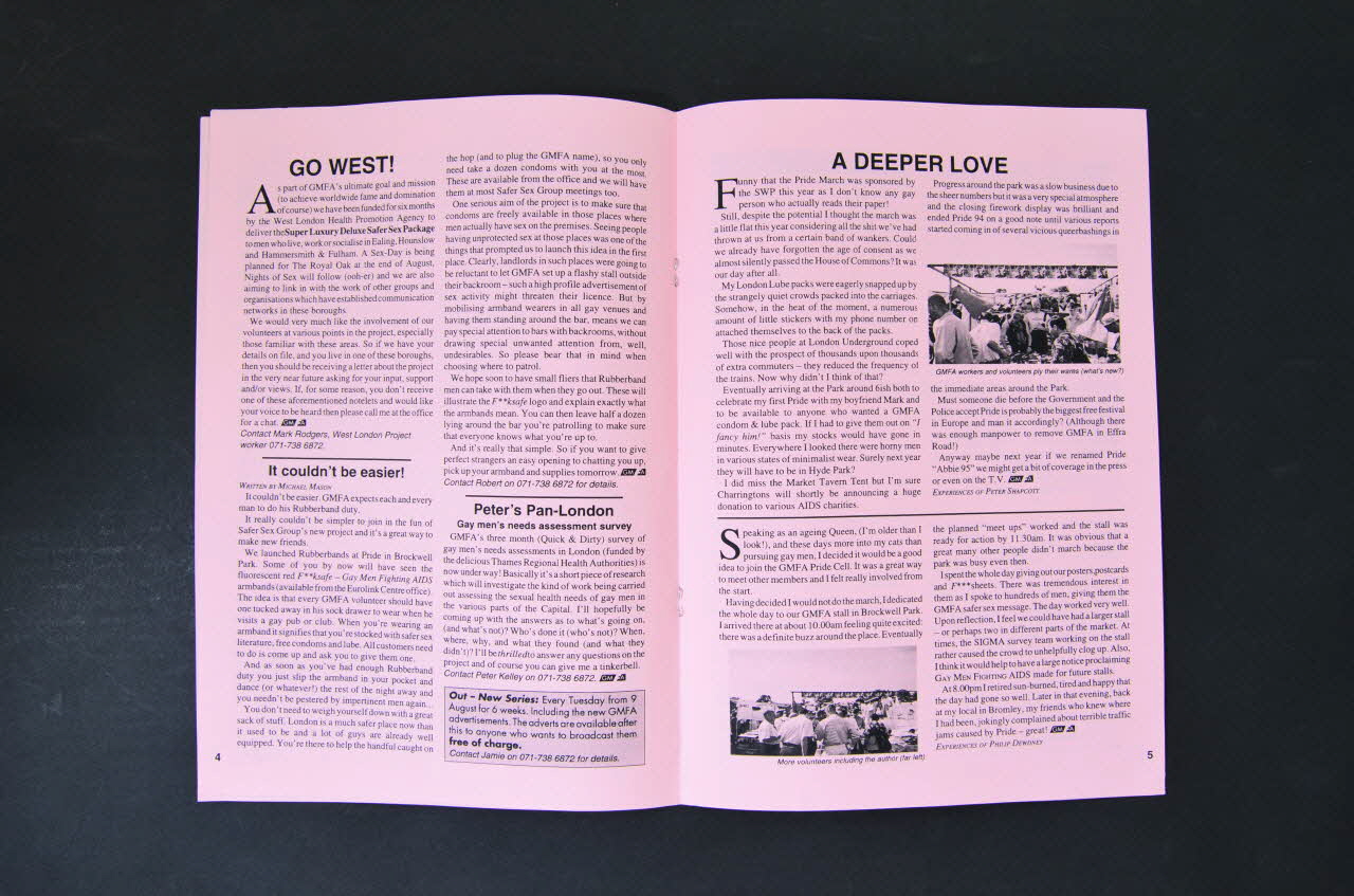 Gay Men Fighting Aids Journal associatif "Labour of Love? Facing up to staff / Volunteer issues" (Travail ou Amour ? Regarder en face les relations salariés / volontaires) Grande Bretagne 1994/8 2003.131.4 Photo Mucem