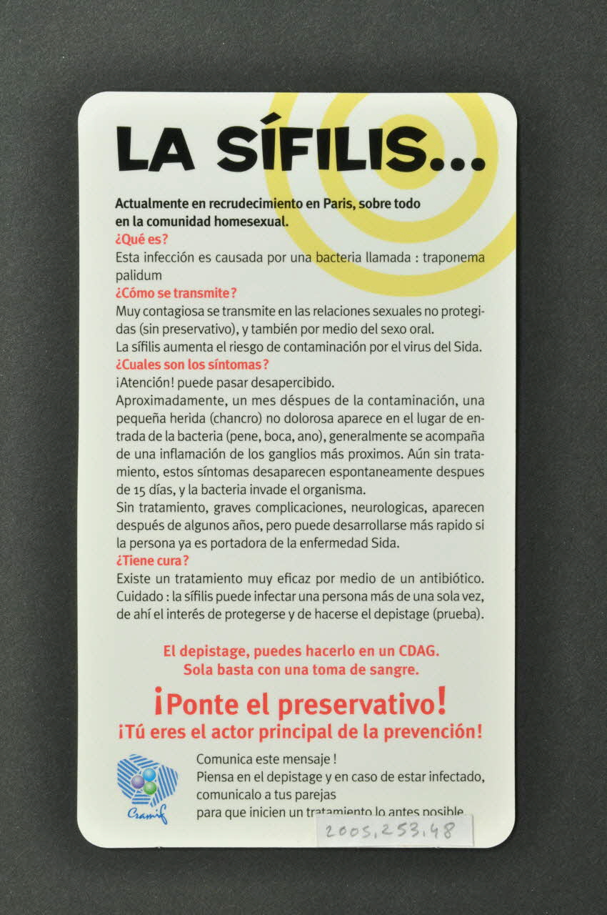 Association pour la Recherche, la Communication et les Actions pour l'Accès aux Traitements (ARCAT) Carte d'information "La sifilis esta de vuelta" (La syphilis est de retour) France 2005 2005.253.48 Photo Mucem