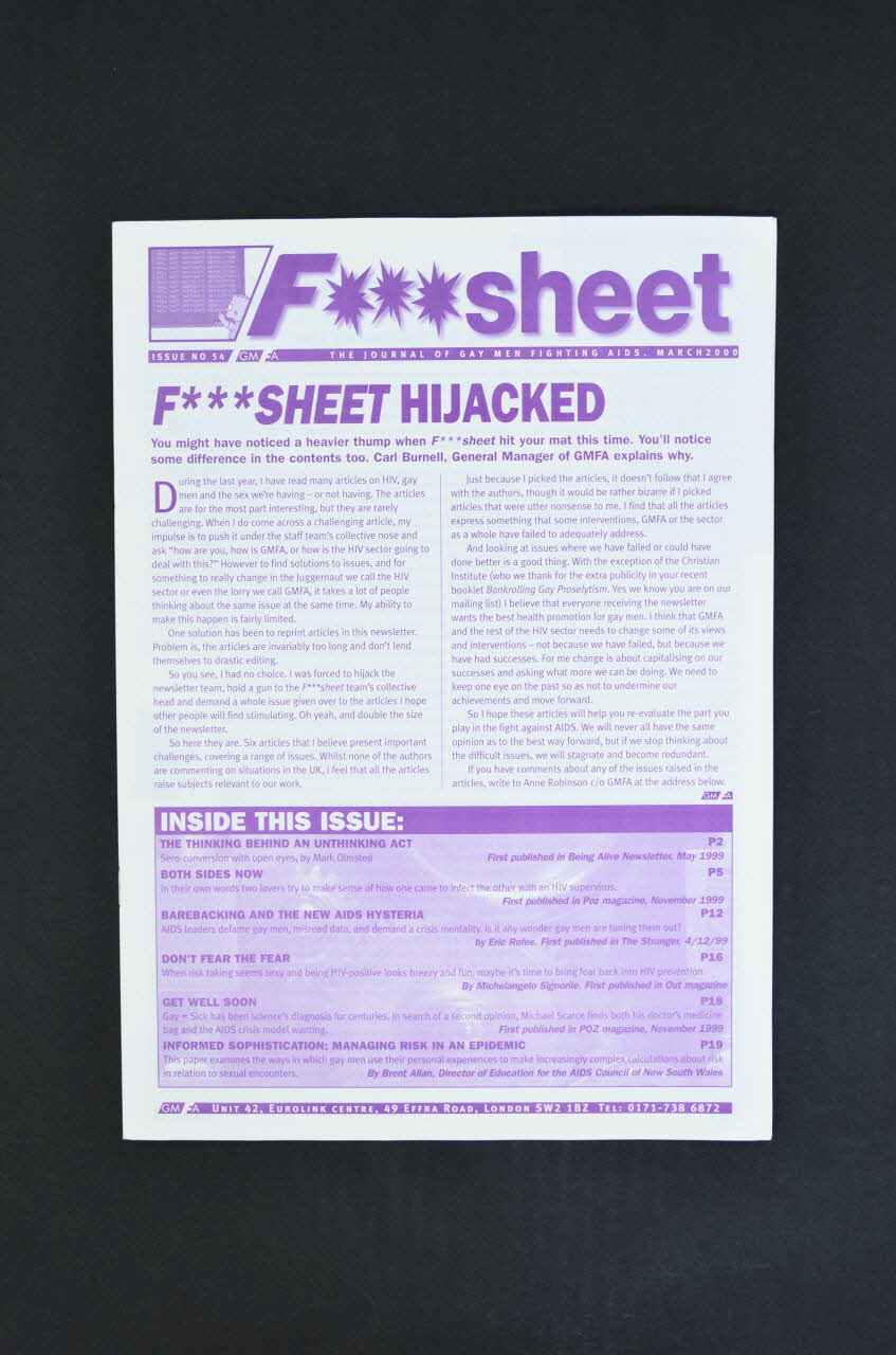 Gay Men Fighting Aids Journal associatif "F*** Sheet hijacked" (traduction) Grande Bretagne 2000/3 2003.131.42 Photo Mucem