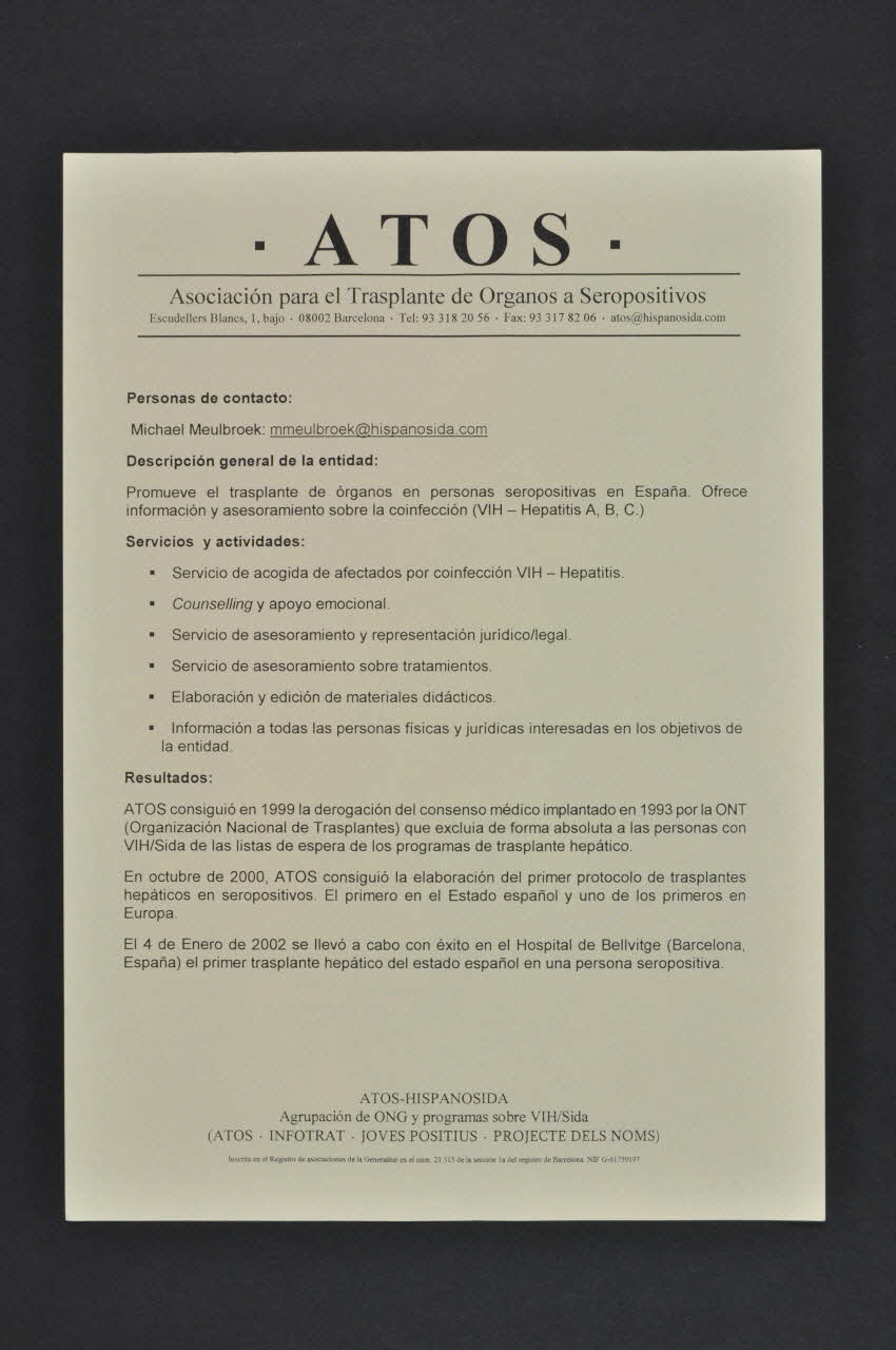 Hispanosida tract "ATOS. Asociacion para el trasplante de organos a seropositivos" (ATOS. Association pour la transplantation d'organes à des séropositifs) Espagne 2004 2004.215.13 Photo Mucem