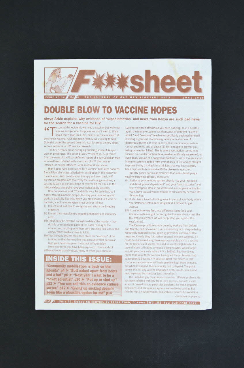 Gay Men Fighting Aids Journal associatif "Double blow to vaccine hopes" (Double coup sur les espoirs de vaccins) Grande Bretagne 2000/6 2003.131.44 Photo Mucem