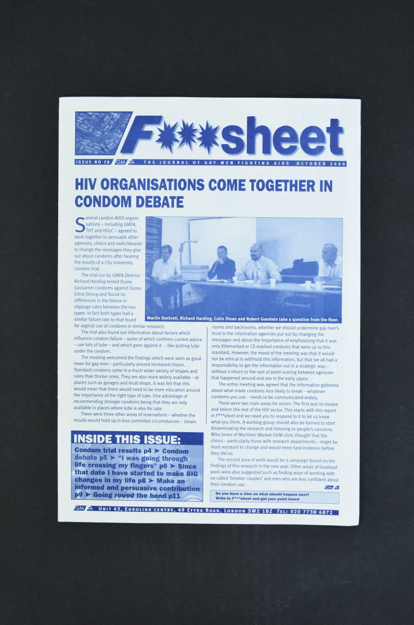 Gay Men Fighting Aids Journal associatif "HIV organisations come together in condom debate" (Les associations de lutte contre le VIH vont ensemble dans le débat sur le préservatif) Grande Bretagne 2000/10 2003.131.46 Photo Mucem