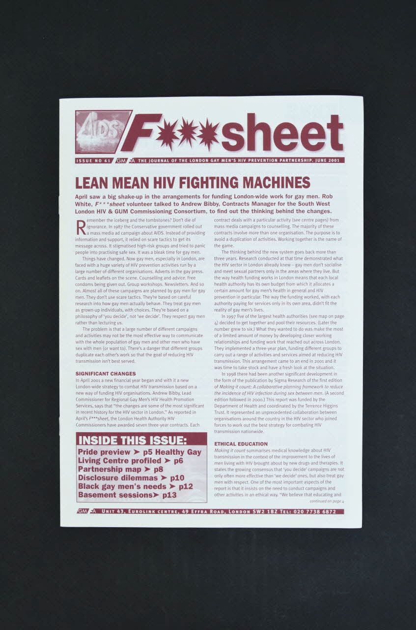 Gay Men Fighting Aids Journal associatif "Lean mean HIV Fighting machines" (article sur la politique de santé à Londres) Grande Bretagne 2001/10 2003.131.48 Photo Mucem