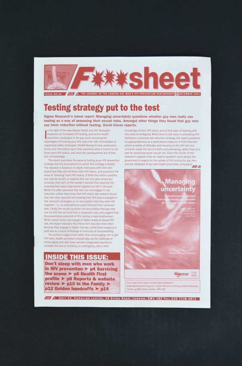 Gay Men Fighting Aids Journal associatif "Testing strategy put to the test" (Stratégies de dépistage) Grande Bretagne 2001/12 2003.131.51 Photo Mucem