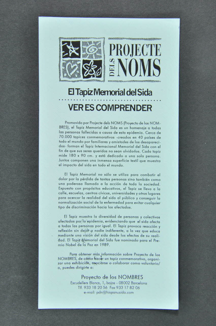 tract "El Tapiz Memorial del Sida. Ver es comprender" (castillan) (Le patchwork mémorial du sida. Voir et comprendre) 2004.215.28 Photo Mucem