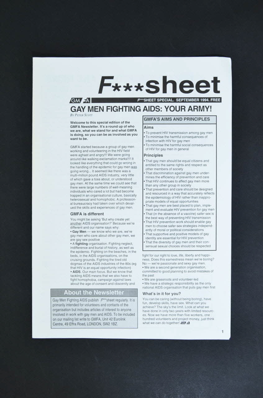 Gay Men Fighting Aids Journal associatif "Gay Men Fighting Aids : your army" (GMFA : votre armée) Grande Bretagne 1994/9 2003.131.6 Photo Mucem