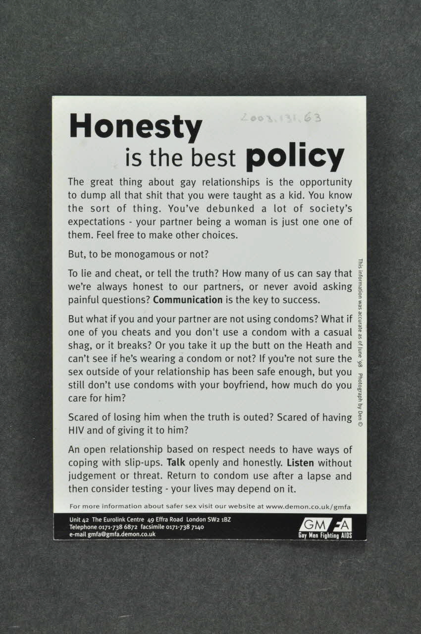 Pond Street Clinic carte postale "Honesty is the best policy" (L'honneteté est la meilleure politesse) Grande Bretagne 1998/6 2003.131.63 Photo Mucem