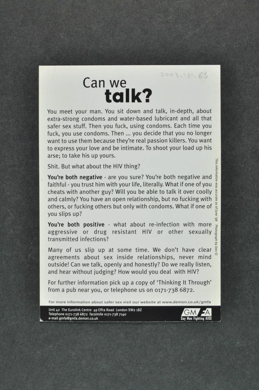 Gay Men Fighting Aids carte postale "Can we talk?" (Pouvons-nous parler ?) Grande Bretagne 1998/6 2003.131.65 Photo Mucem