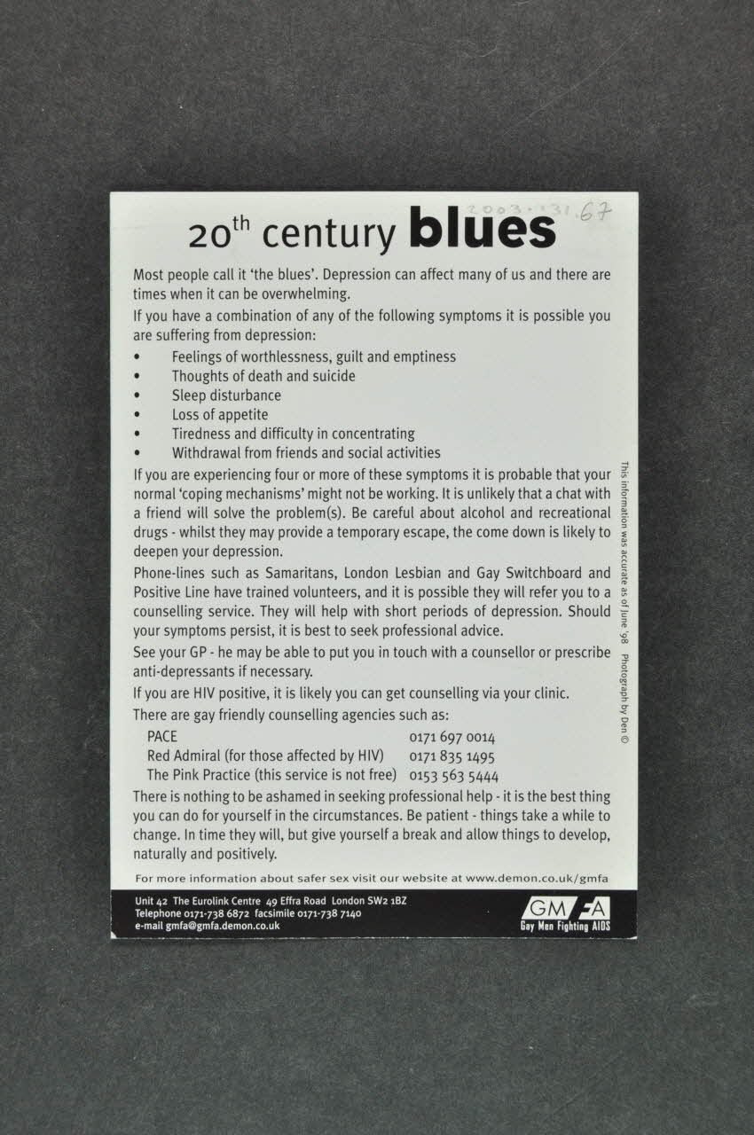 Gay Men Fighting Aids carte postale "20th century blues" (Blues du 20 ème siècle) Grande Bretagne 1998/6 2003.131.67 Photo Mucem
