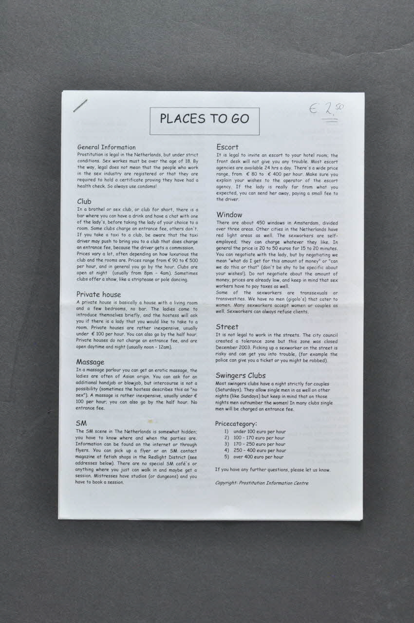 Prostitution Information Center document "Places to go" (en anglais) (Endroits où aller) Pays-Bas 2005 2005.267.3 Photo Mucem