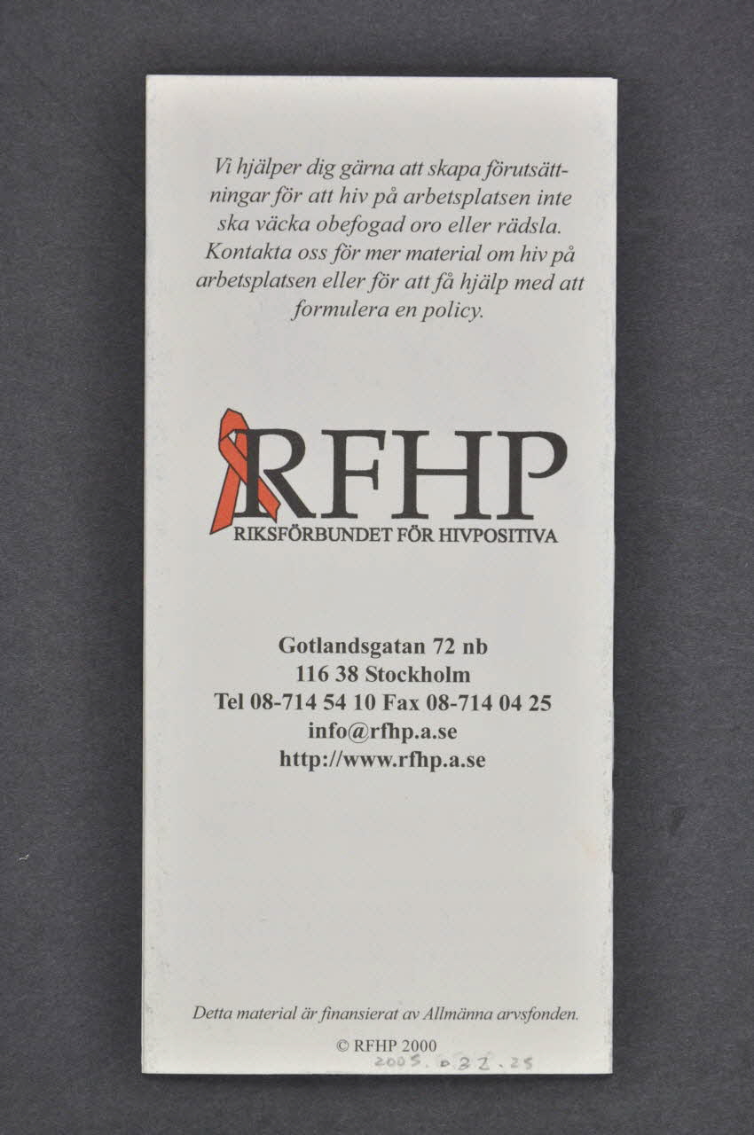 RiksföRbund FöR Hiv Positiva (Rfhp) Dépliant "Annu ingen hivpositiv pa arbetsplatsen ?" (traduire) Suède 2000 2005.32.25 Photo Mucem