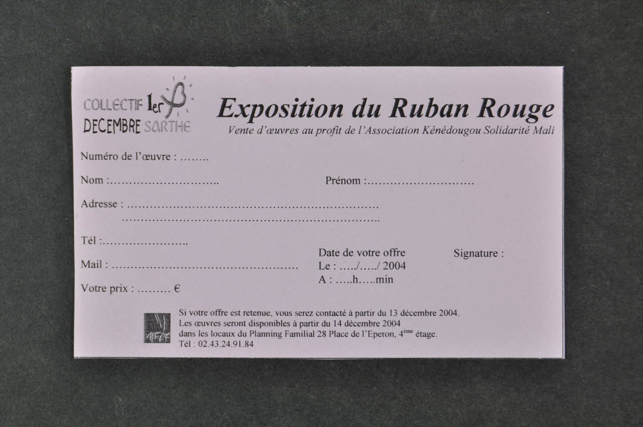 Collectif 1er Décembre Sarthe Bulletin d'achat "Exposition du Ruban Rouge" Pays de la Loire, France 2004/12/11 2004.230.5 Photo Mucem