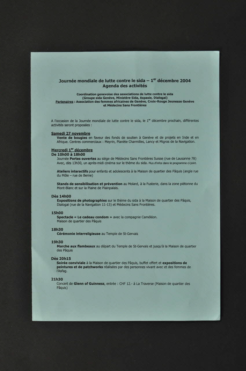 Coordination Genevoise Des Associations De Lutte tract Journée mondiale de lutte contre le sida - 1er décembre 2004. Agenda des activités. Lorraine, France 2004/12 2004.231.6 Photo Mucem
