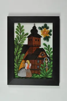 Vlasta Mikundova peinture sous verre Deux femmes se rendant à l'église Zlin, République tchèque 1999-2003 2003.183.10 Photo Mucem