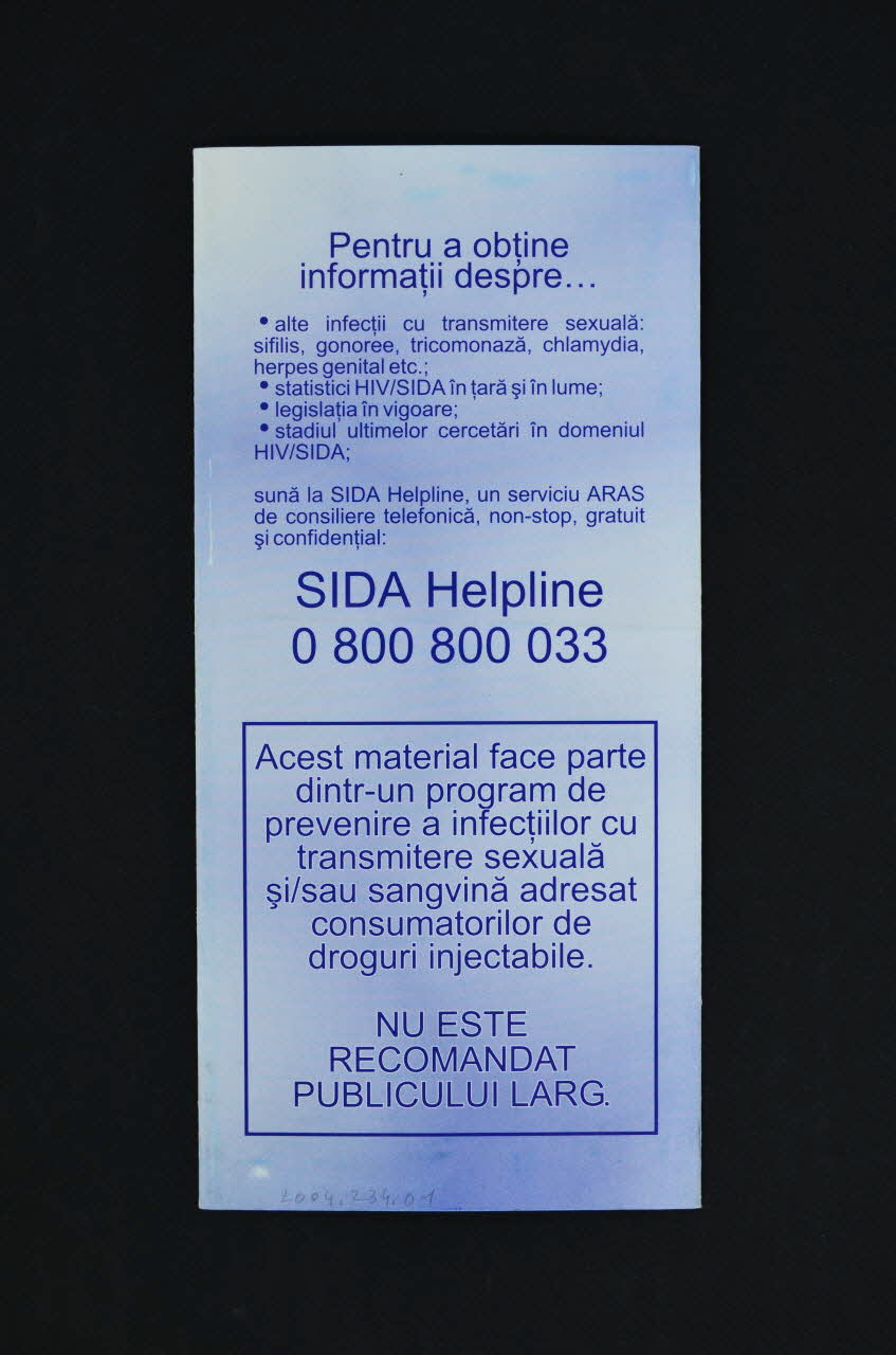 Dépliant "Consommation de drogues, HIV/Sida, hépatite B et hépatite C" Roumanie 2004 2004.234.1 Photo Mucem