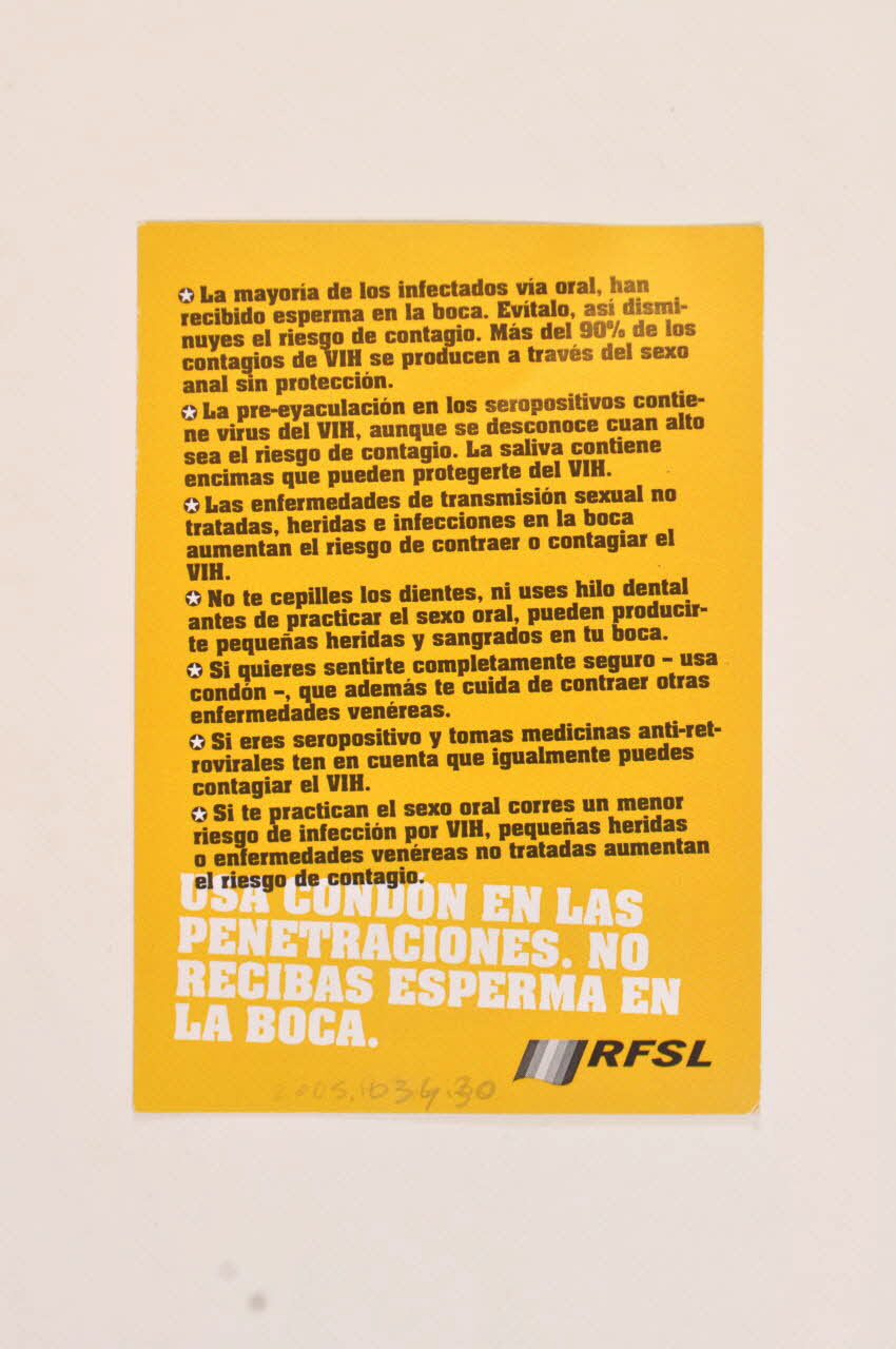Dépliant "El sexo oral tiene sus riesgos" (en espagnol) (Le sexe oral a ses risques) 2005.34.30 Photo Mucem