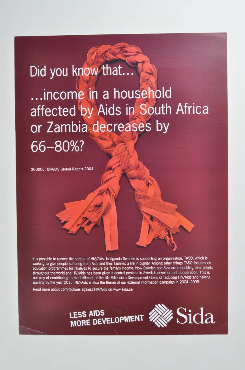 affiche Did you know that... income in a household affected by AIDS in South Africa or Zambia decreases by 66 - 80 % ? (Saviez vous que ... le revenu d'un ménage affecté par le sida en Afrique du Sud ou en Zambie dévroit de 66 à 80 % ?) Suède 2005 2005.35.37 Photo Mucem