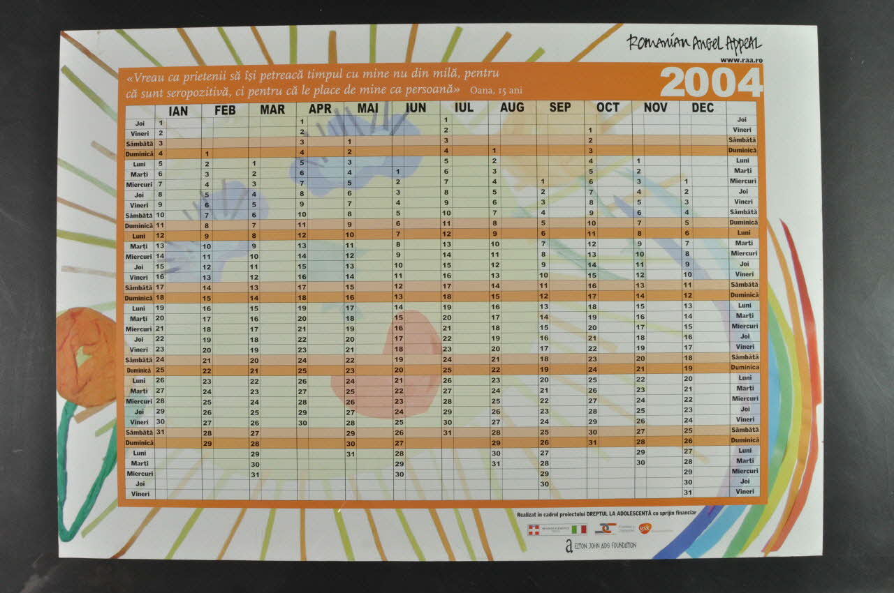 Romanian Angel Appeal Affiche-calendrier Vreau ca prietenii saâ isi petreacâ timpul  cu mine nu din milâ, pentru câ sunt seropozitivâ, ci pentru cä le place de mine ca persoanâ" Oana 15 ani (Je voudrais que mes amis passent du temps avec moi mais que ce ne soit pas par pitié, bien que je sois séropositive, mais parce que ils m'aiment en tant que personne. Oana 15 ans) Roumanie 2004 2004.237.50 Photo Mucem