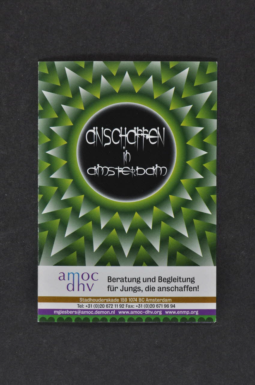 Amoc Dhv Dépliant "Anschaffen in Amsterdam. Beratung und Begleitung für Jungs, die anschaffen !" (en allemand) Pays-Bas 2005 2005.43.9 Photo Mucem