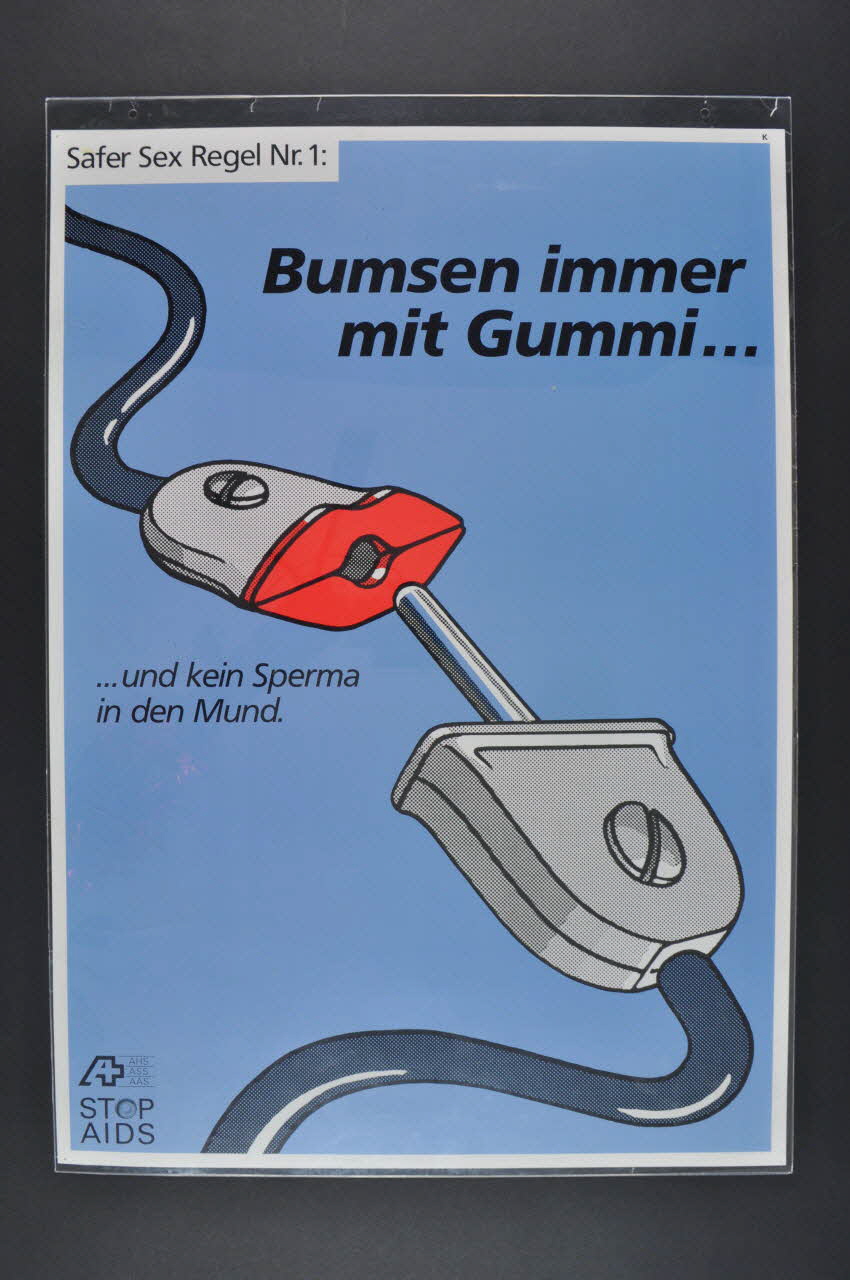 affiche "Bumsen immer mit Gummi... und kein sperma in den Mund" (Baiser toujours avec un préservatif et pas de sperme dans la bouche) 2005.47.122.1-2 Photo Mucem