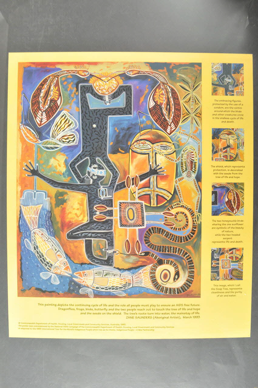 Commonwealth Department Of Health affiche "This painting depicts the countinuing cycle of life and the role all people must play to ensure an AIDS free future" (Ce tableau décrit le cycle continu de la vie et le rôle que doivent jouer tous les peuples pour assurer un futur sans sida.) Australie 1993 2005.47.135 Photo Mucem