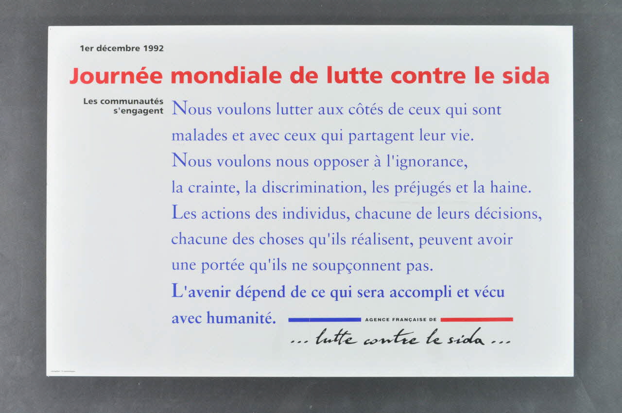 AFLS (Agence Française De Lutte Contre Le Sida) affiche "1er décembre 1992. Journée mondiale de lutte contre le sida. Les communautés s'engagent" France 1992 2005.47.149 Photo Mucem