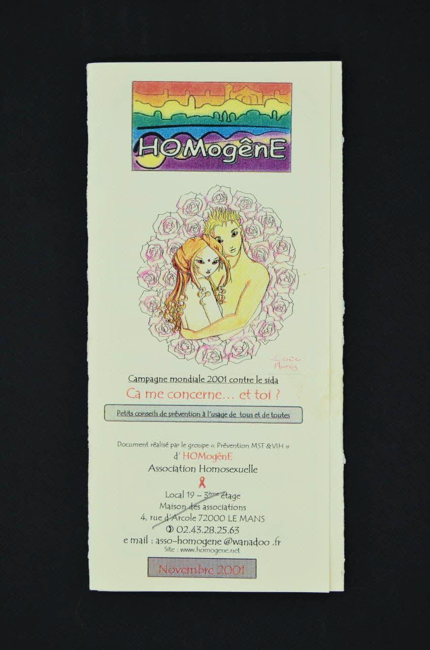 Homogène Dépliant Campagne mondiale 2001 contre le sida / petits conseils de prévention à l'usage de tous et de toutes Pays de la Loire, France 2001 2004.242.10 Photo Mucem