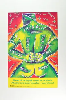 Aids Council Of New South Wales (Acon) affiche "Some of us inject, some of us don't . Always use clean needles - every time !" (Certains de nous s'injectent, d'autres non. Utlisiez toujours des aiguilles propres, chaque fois !" Grande Bretagne 1992 2005.47.209 Photo Mucem