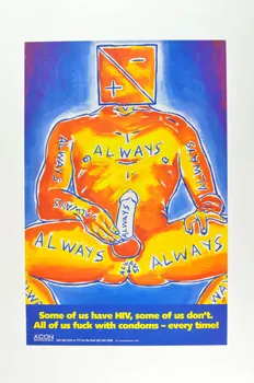 Aids Council Of New South Wales (Acon) affiche "Some of us have HIV, some of us don't .All of us fuck with condoms - every time !" (Certains de nous sont séropositifs, d'autres non. Nous baisons tous avec des préservatifs - chaque fois) Grande Bretagne 1992 2005.47.210 Photo Mucem