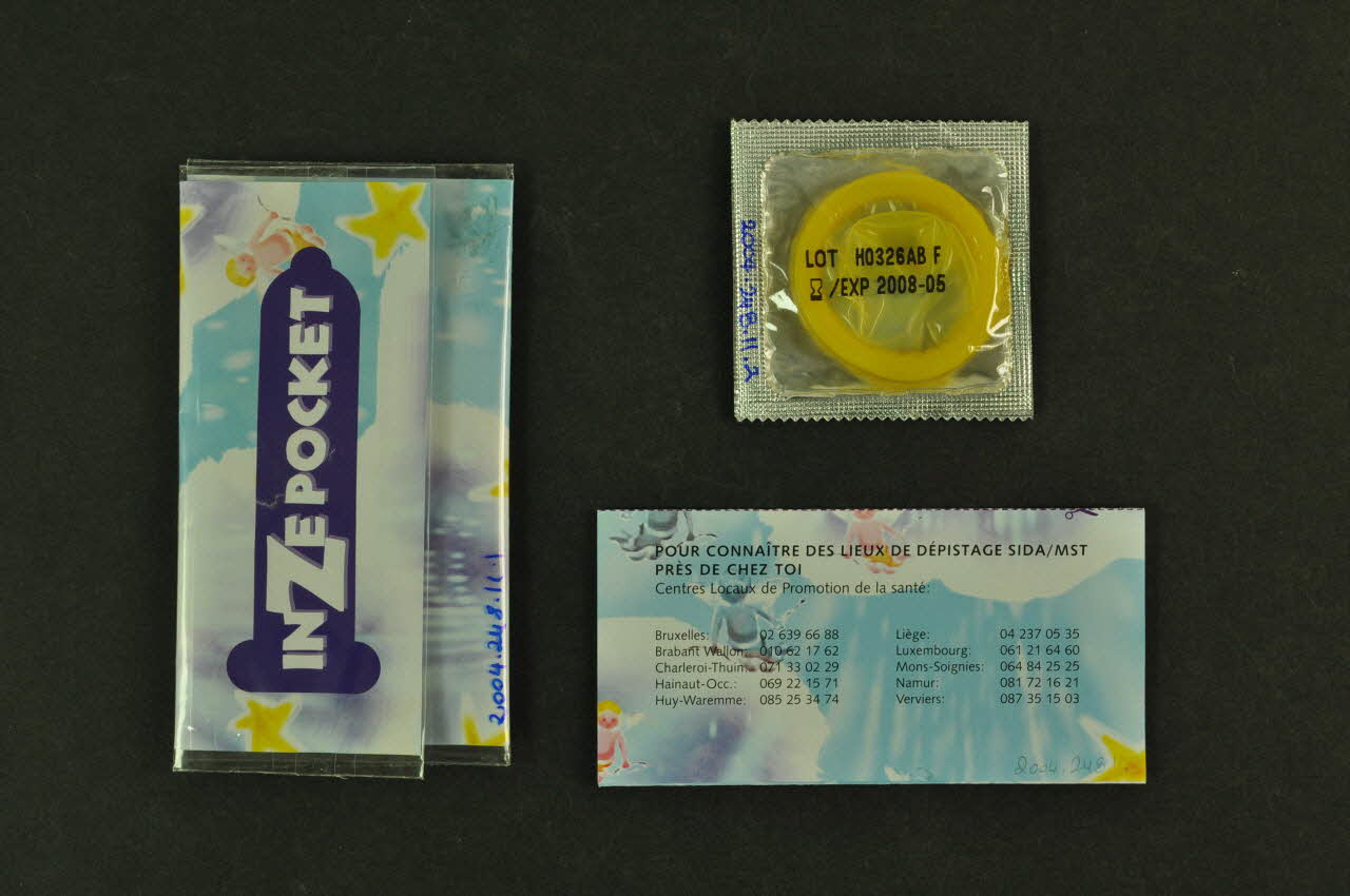 Enveloppe de préservatif "In Ze Pocket", campagne "Sans latex t'es déjà mon ex" Belgique 2004 2004.248.11.1-3 Photo Mucem