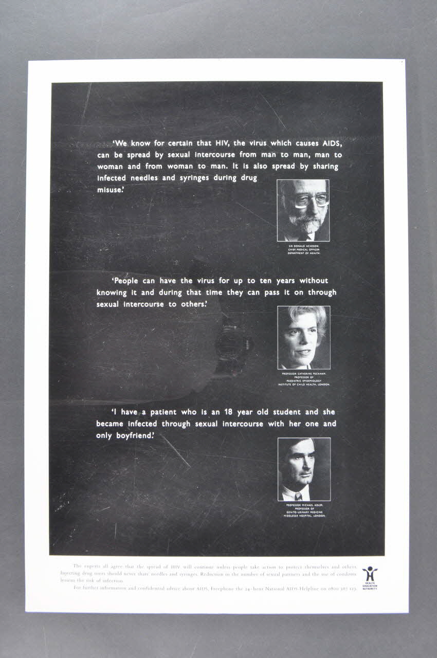 affiche "The experts all agree that the spread of HIV will continue unless people take action to protect themselves and others." (Les experts s'accordent sur le fait que le VIH continuera à s'étendre si les gens n'agissent pas  pour se protéger eux mêmes et les autres) 2005.47.238 Photo Mucem