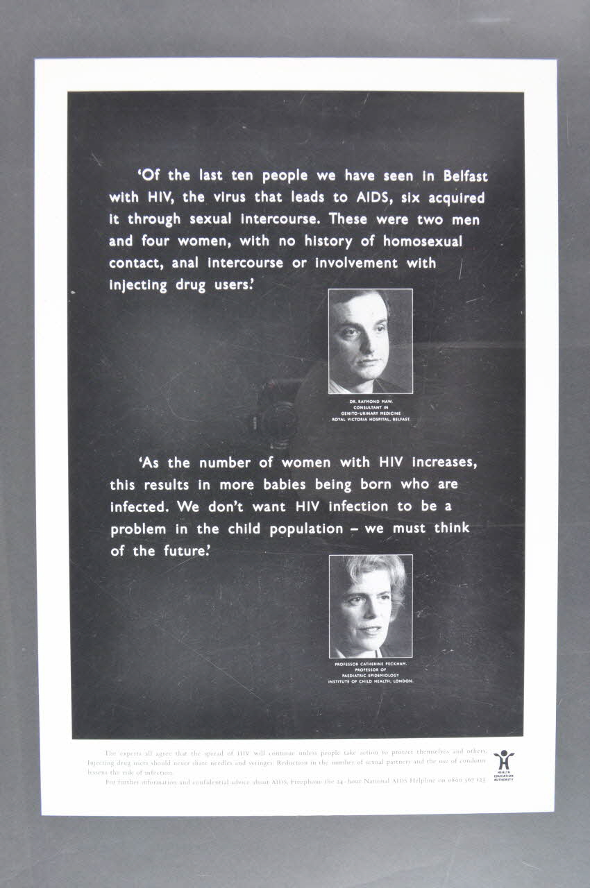 affiche "The experts all agree that the spread of HIV will continue unless people take action to protect themselves and others." (Les experts s'accordent sur le fait que le VIH continuera à s'étendre si les gens n'agissent pas  pour se protéger eux mêmes et les autres) 2005.47.239 Photo Mucem