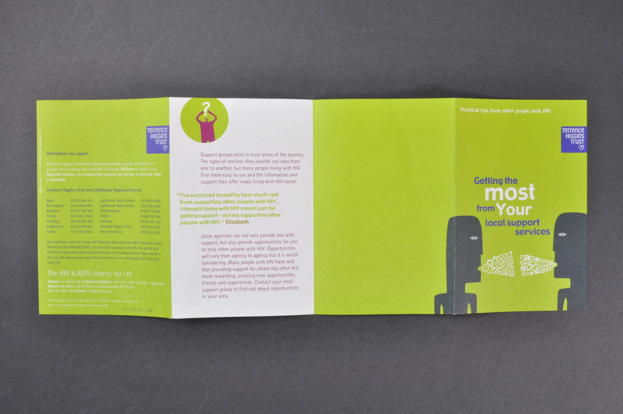 Terrence Higgins Trust Gb Dépliant "Practical tips from other people with HIV / Getting the most from your local support services" (Trucs pratiques venant d'autres personnes séropositives / Tirer le meilleur parti de vos services locaux d'aide) Grande Bretagne 2002 2003.41.27 Photo Mucem