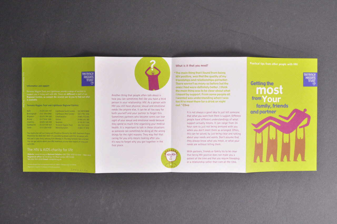 Terrence Higgins Trust Gb Dépliant "Practical tips from other people with HIV / Getting the most from your family, friends and partner" (Trucs pratiques venant d'autres personnes séropositives / Tirer le meilleur parti de votre famille, vos amis et vos partenaires) Grande Bretagne 2002 2003.41.29 Photo Mucem