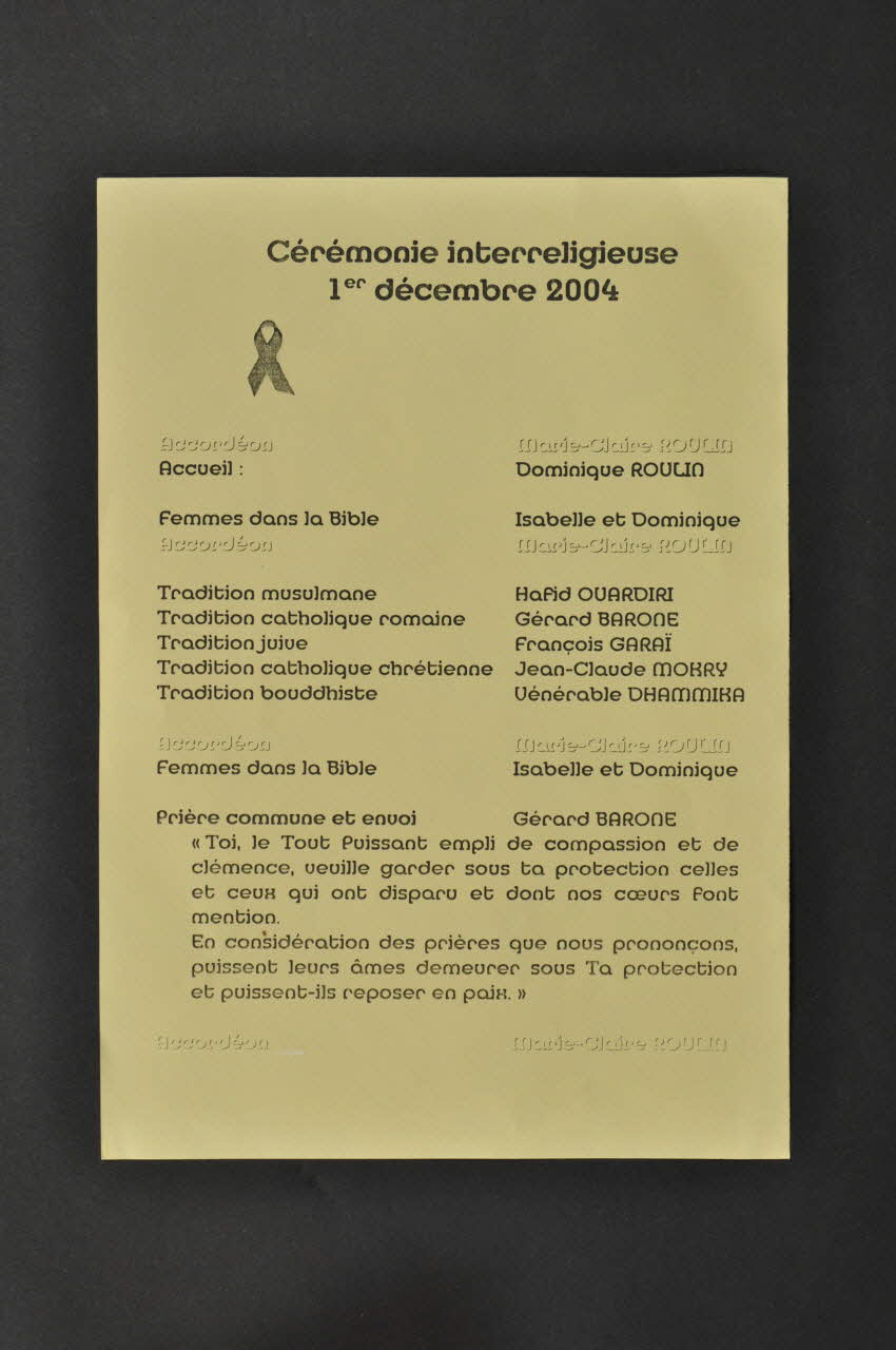 Entraide Protestante Suisse tract "Cérémonie inter religieuse 1er décembre 2004" Lorraine, France 2004 2004.254.21 Photo Mucem