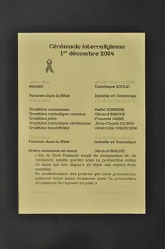 Entraide Protestante Suisse tract "Cérémonie inter religieuse 1er décembre 2004" Lorraine, France 2004 2004.254.21 Photo Mucem