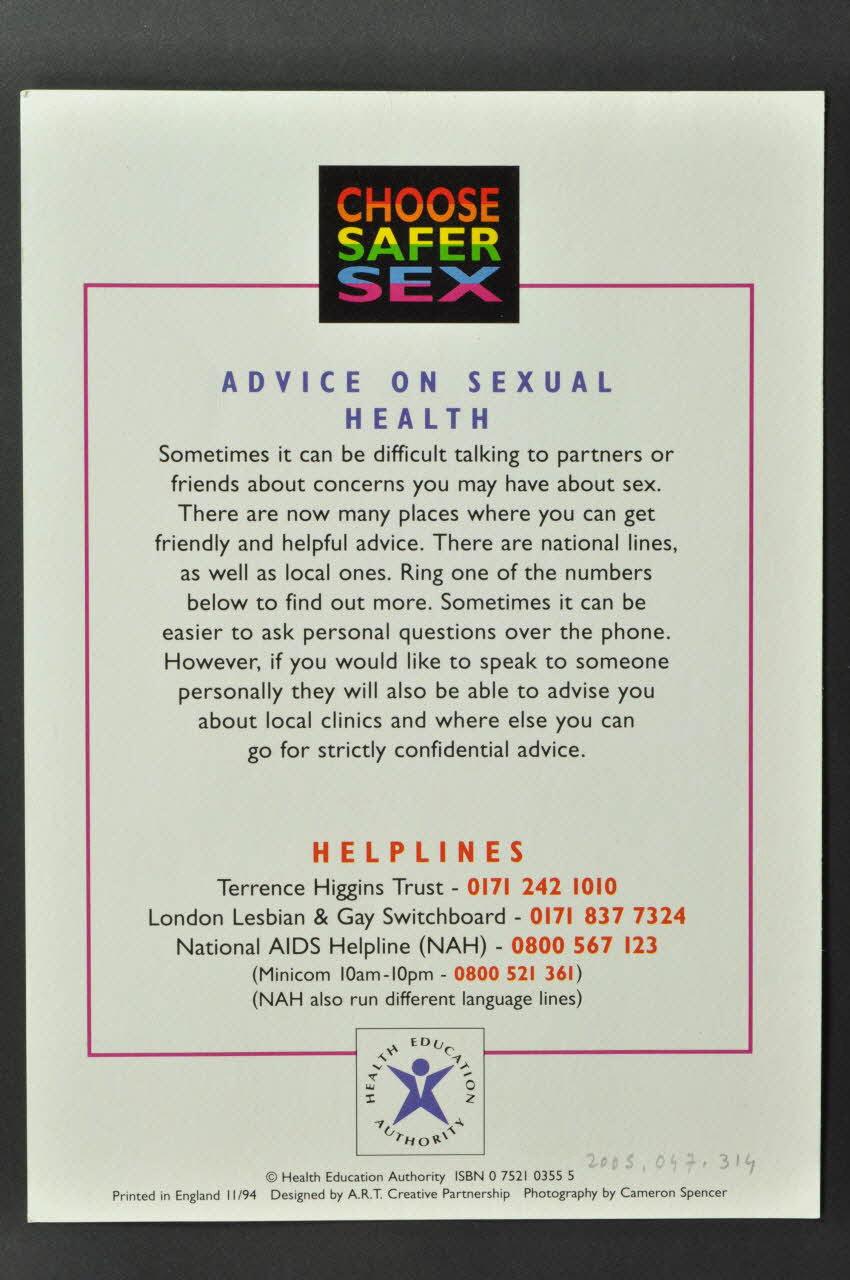 Health Education Authority flyer "Choose safer sex" (Choisissez le safer sex) Grande Bretagne 1994/11 2005.47.314 Photo Mucem