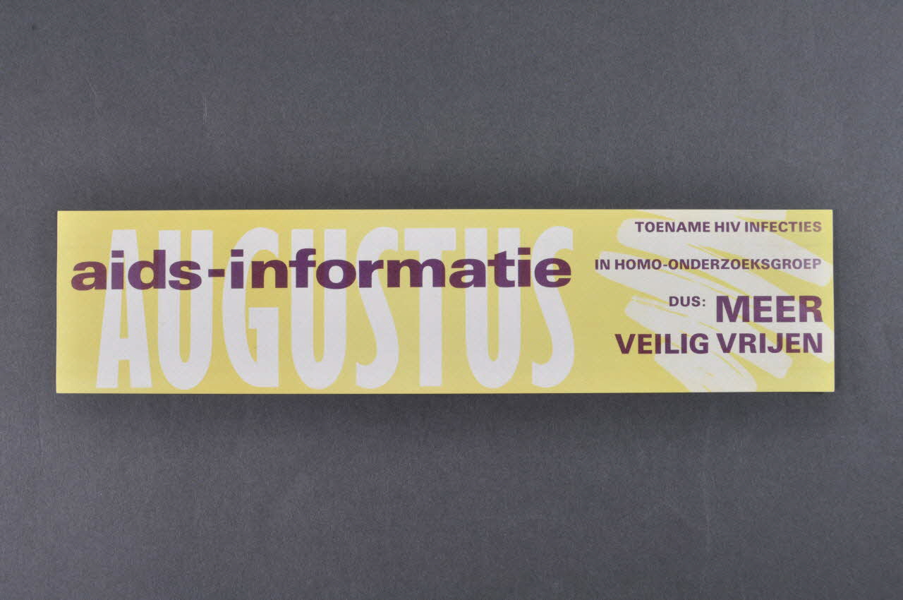 autocollant "Augustus / Toename HIV Infecties in homo-onderzoeksgroep dus : Meer Veilig Vrijen" (Août / Accroissements des infections au VIH chez les homosexuels. Donc plus de safer sex) 2005.47.42 Photo Mucem