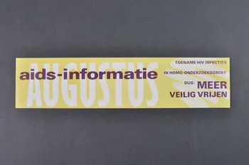 autocollant "Augustus / Toename HIV Infecties in homo-onderzoeksgroep dus : Meer Veilig Vrijen" (Août / Accroissements des infections au VIH chez les homosexuels. Donc plus de safer sex) 2005.47.42  Photo Mucem