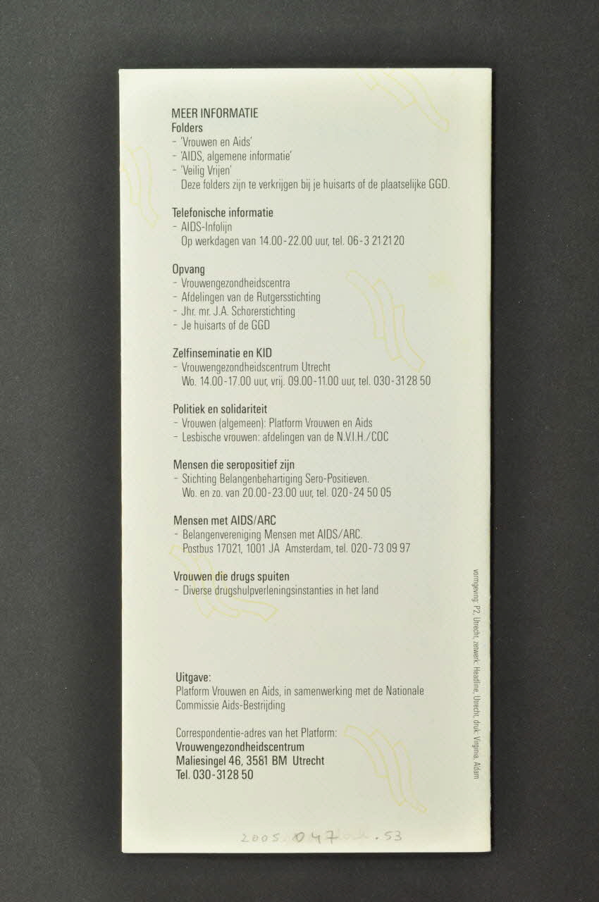 Platform Vrouwen En Aids Dépliant "Lesbische vrouwen en AIDS" (Femmes lesbiennes et Sida) Pays-Bas 1988 2005.47.53  Photo Mucem