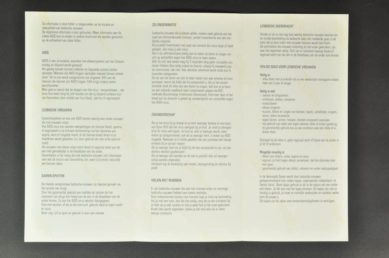 Platform Vrouwen En Aids Dépliant "Lesbische vrouwen en AIDS" (Femmes lesbiennes et Sida) Pays-Bas 1988 2005.47.53 Photo Mucem
