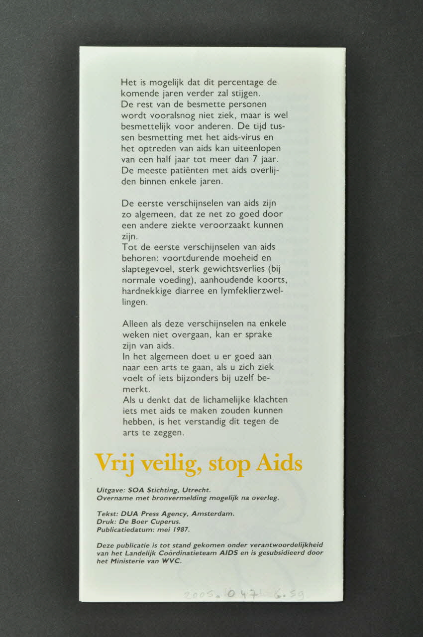 Soa Stichting - Utrecht Dépliant "Veilig Vrijen / Vrij veilig / stop aids" (Safer sex/ Arrêtez le sida) Pays-Bas 1987/5 2005.47.59 Photo Mucem