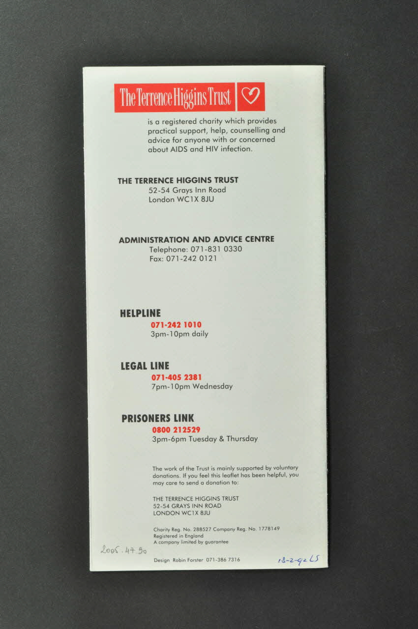 Terrence Higgins Trust Dépliant Dépliant "Safer sex for gay men" (Safer sex pour les hommes gays) Grande Bretagne 1992 2005.47.90 Photo Mucem