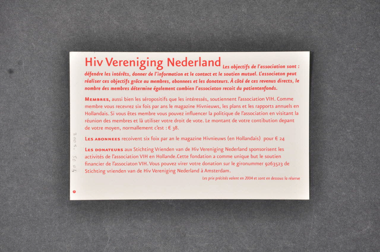 Hiv Vereniging Bulletin d'adhésion "HIV VERENIGING NEDERLAND" Pays-Bas 2005 2005.50.4 Photo Mucem