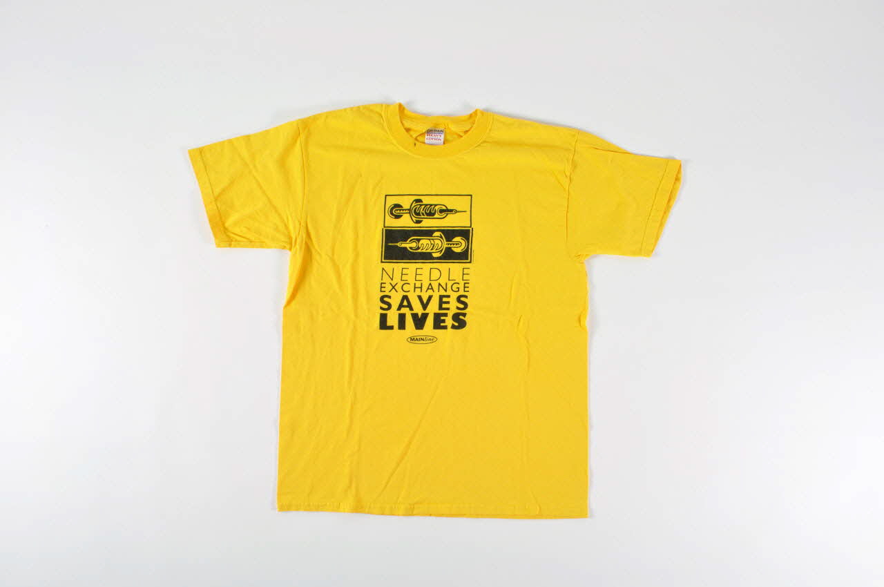 Stichting Mainline tee-shirt "Needle Exchange save lives" (L'échange de seringues sauve la vie) Pays-Bas 2004 2005.54.1 Photo Mucem
