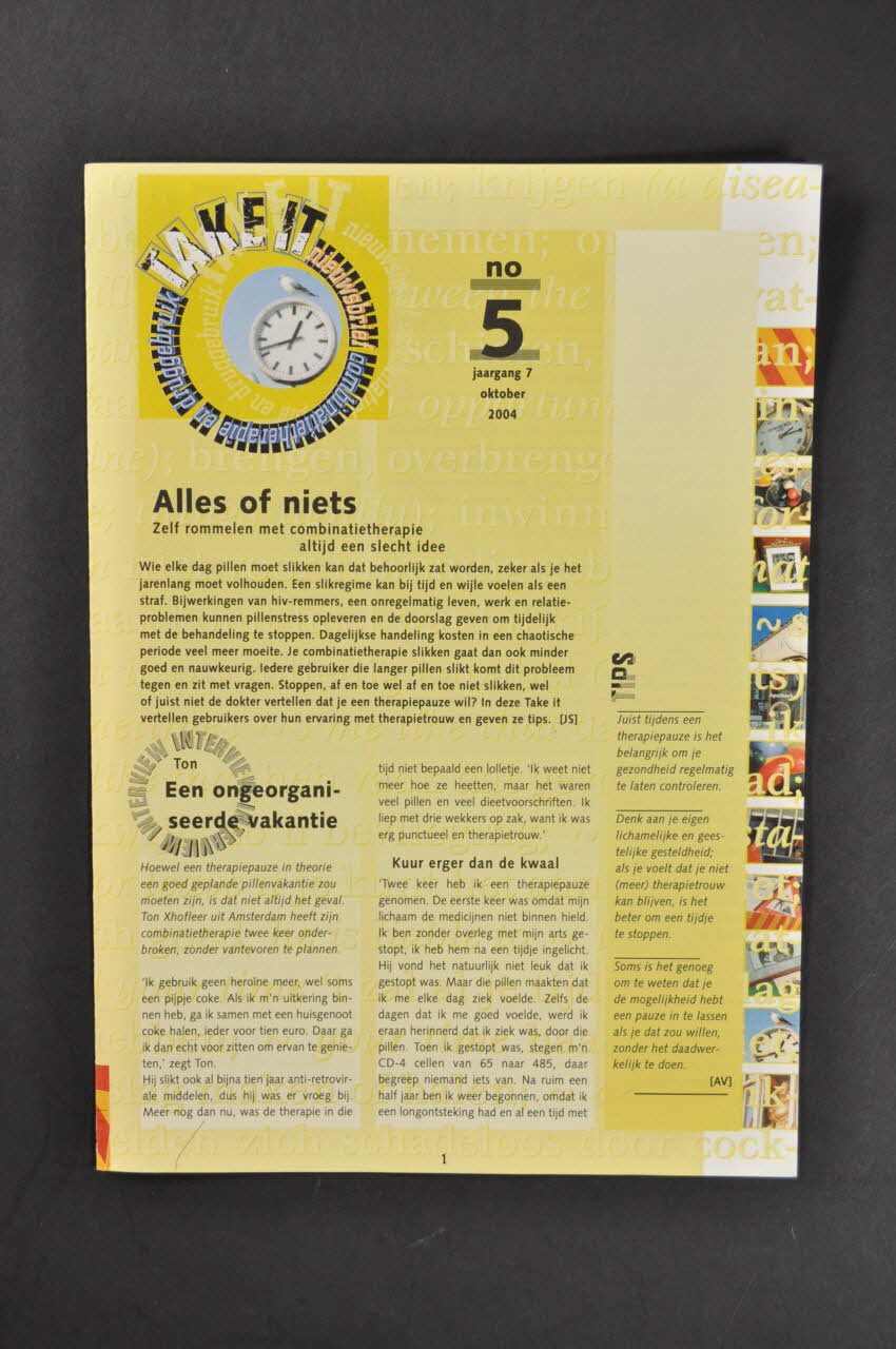Mainline Bulletin associatif "Take it", vol 7, n° 5,  octobre 2004 : " Alles of niets. Zelf rommelen met combinatietherapie altijd een slecht idee" Pays-Bas 2004/10 2005.54.101 Photo Mucem