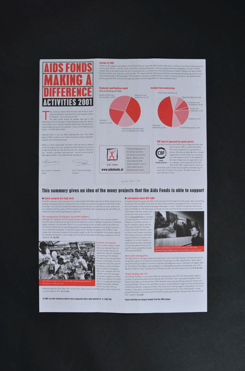 Aids Fonds Feuille d'information "Aids Fonds making a difference. Activities 2001" Pays-Bas 2001 2005.54.105 Photo Mucem