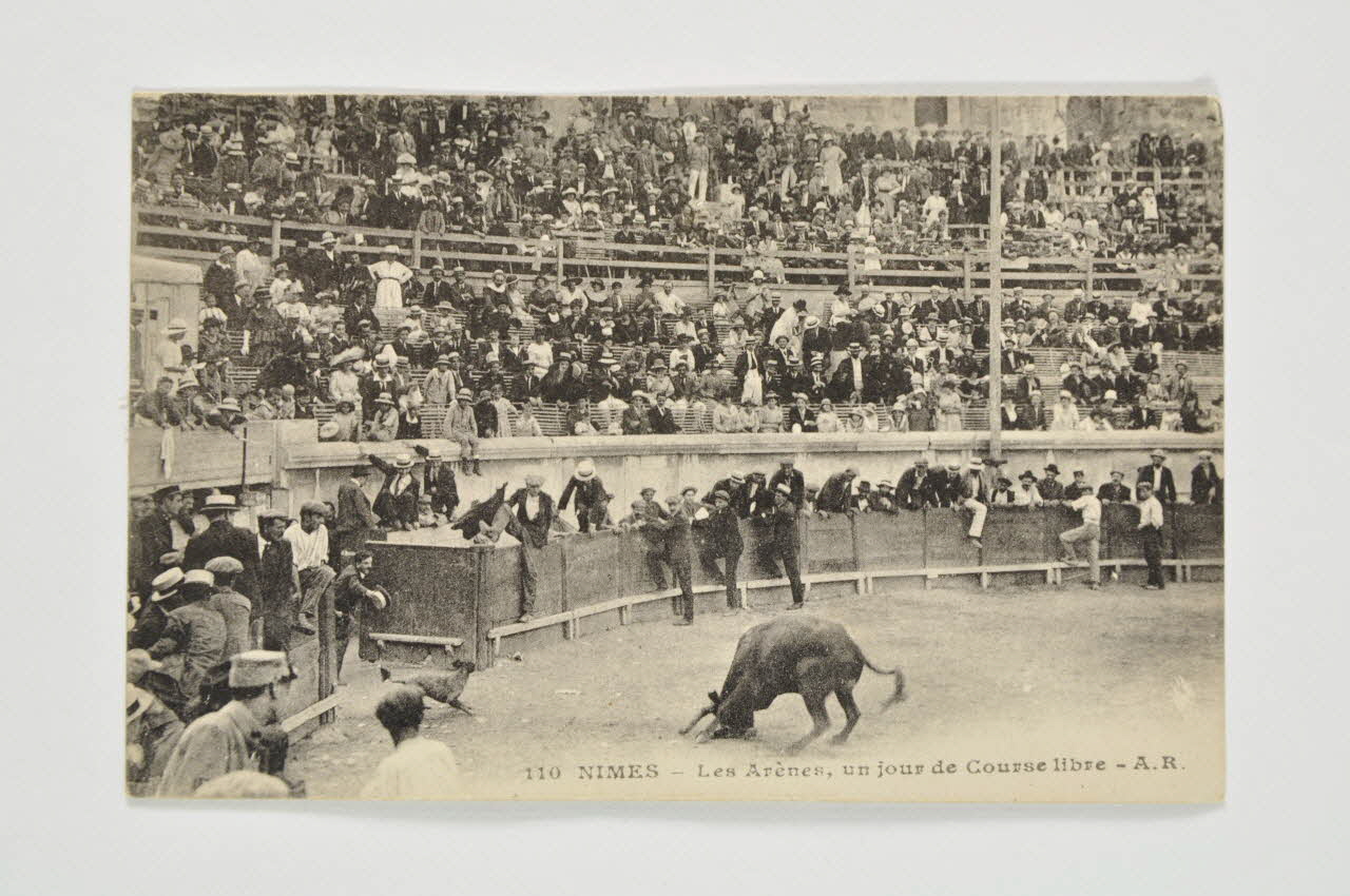 carte postale Nîmes. Les arènes un jour de course libre 2004.300.9 Photo Mucem