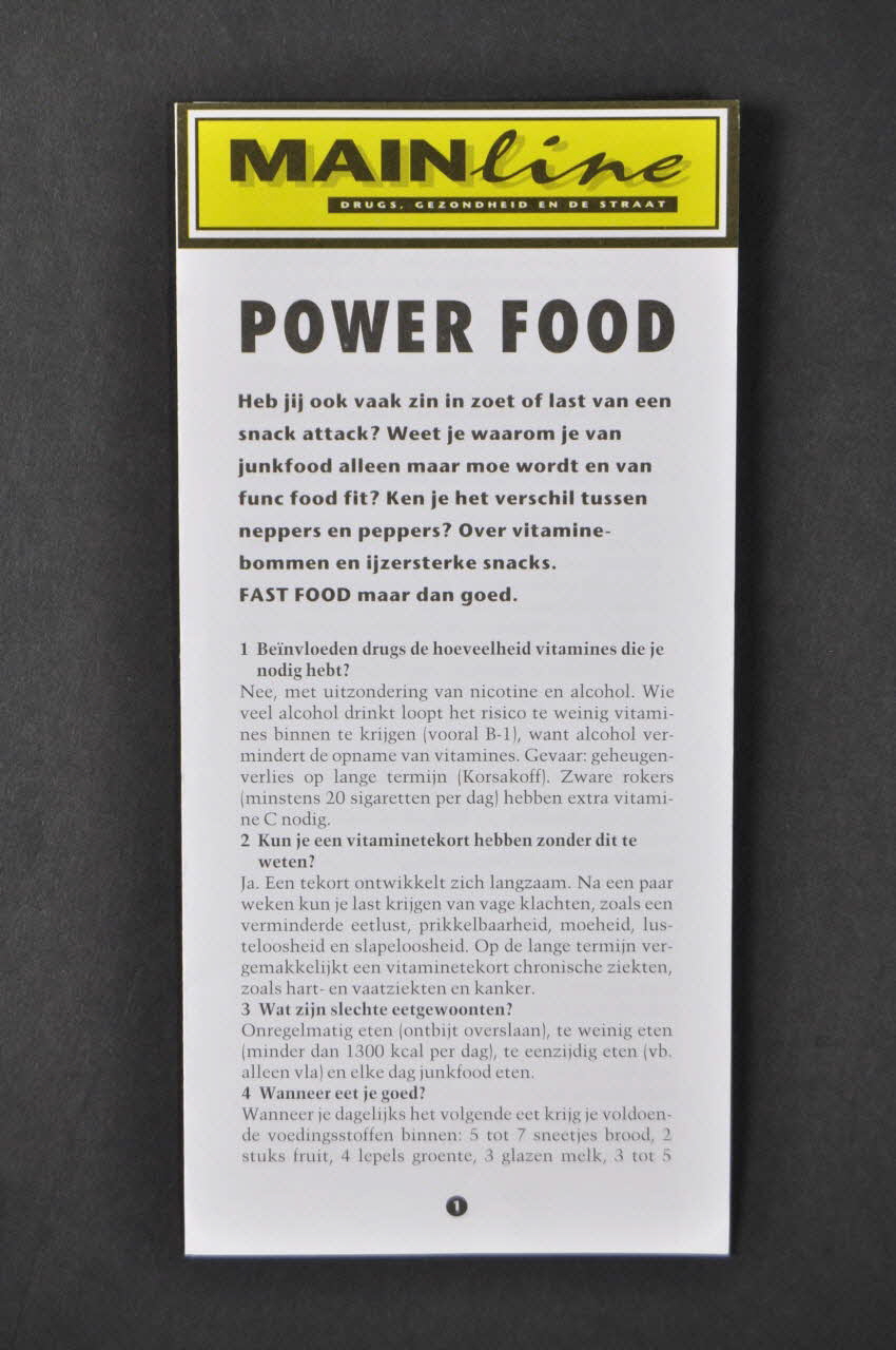 Stichting Mainline Dépliant "Power food" (Nourriture fortifiante) Pays-Bas 1999 2005.54.17 Photo Mucem